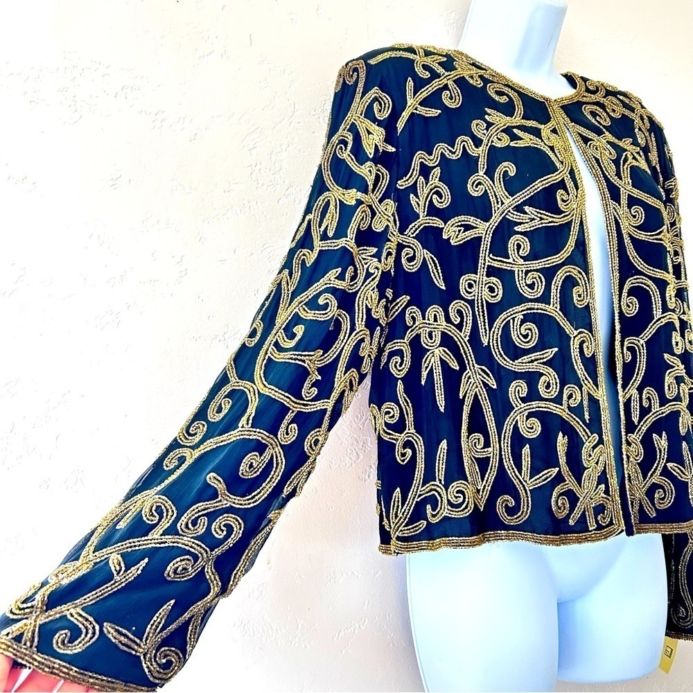 LORD AND TAYLOR Vintage Silk Gold Beaded Dress Jacket Size 10 Mob Wife - Picture 2 of 11